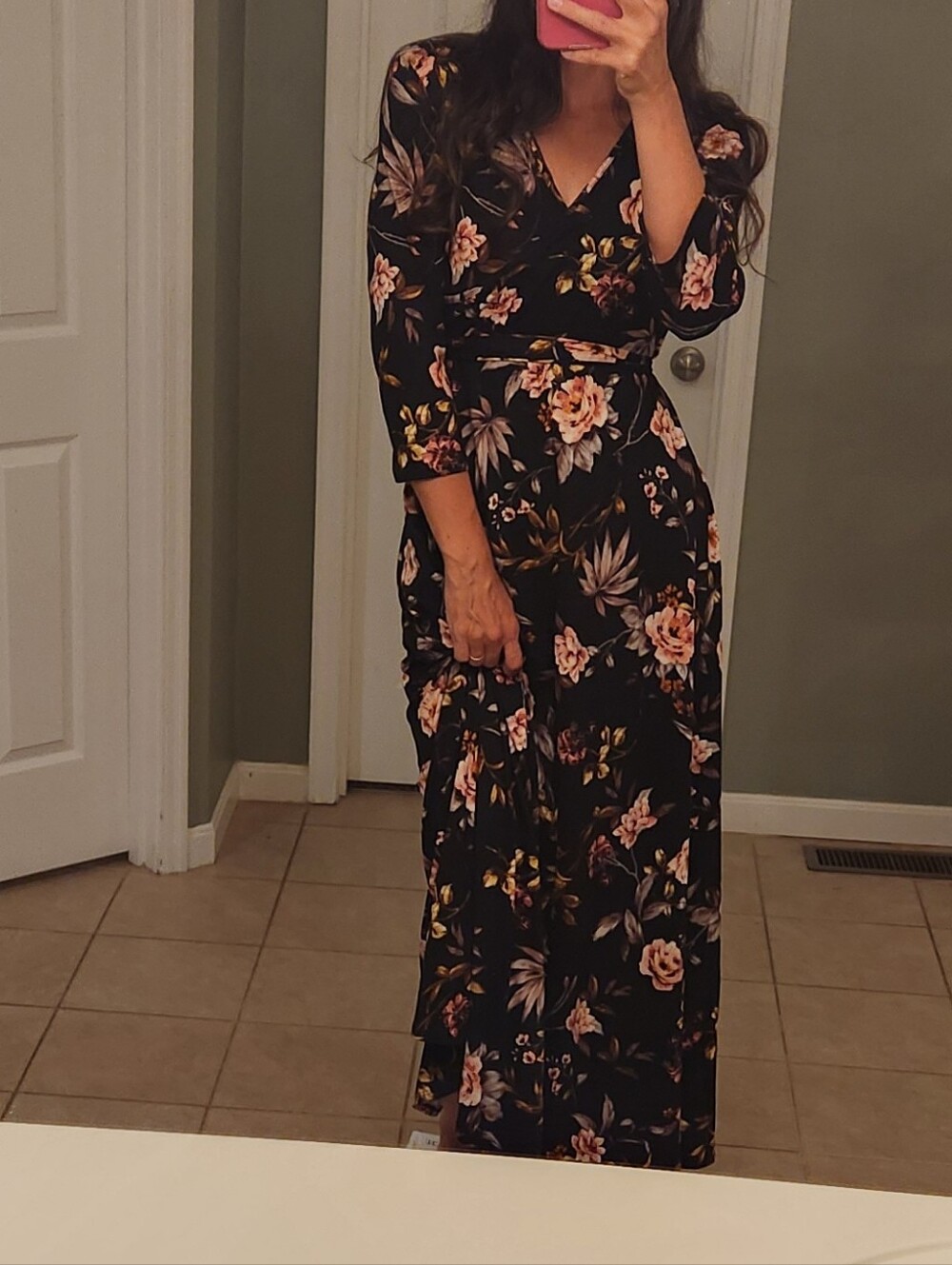 Black Floral Faux Wrap Maxi Dress - Size L 3 Quarter Sleeve Roses